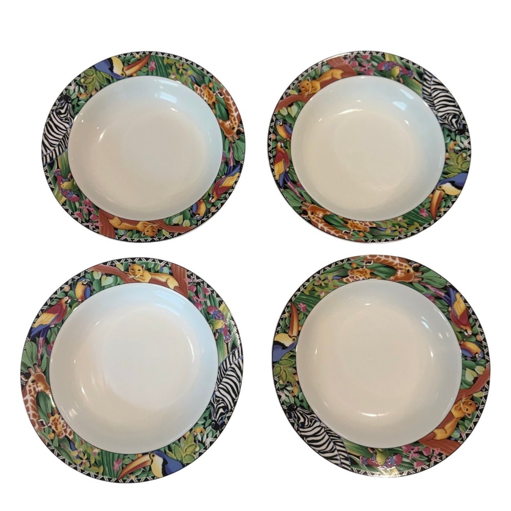 Sakura Magic Jungle Sue Zipkin 1995 Ultra Porcelain Rimmed Soup Bowls Set of 4